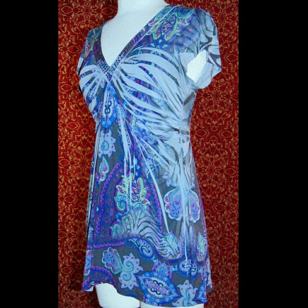 UNITY blue taupe paisley stretch tunic blouse✨